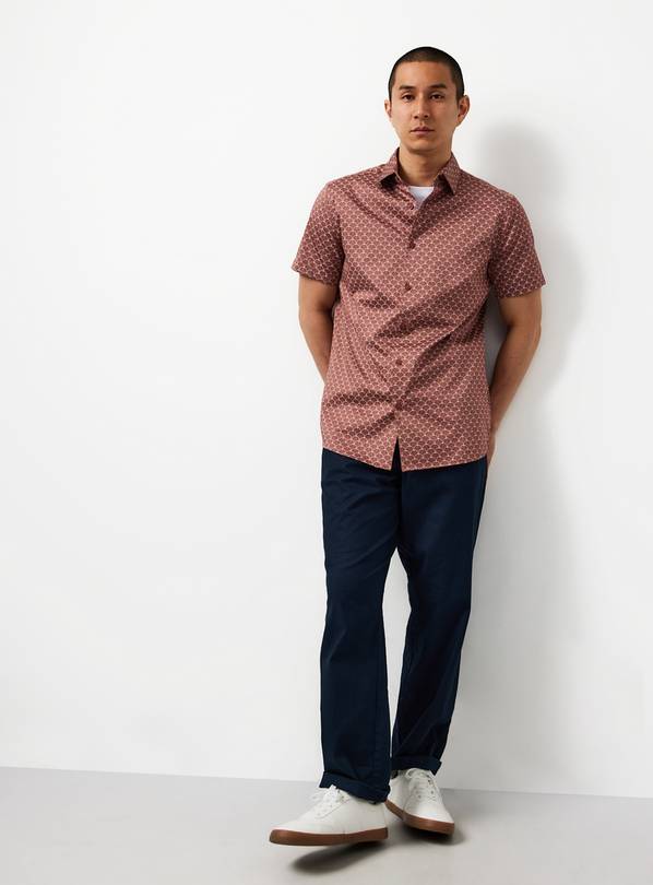 Dark Pink Geo Print Satin Short Sleeve Slim Fit Shirt L